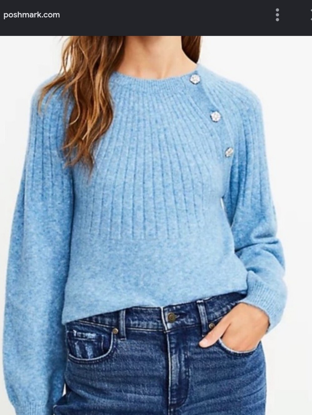 LOFT Blue Jeweled Ribbed Crewneck Sweater